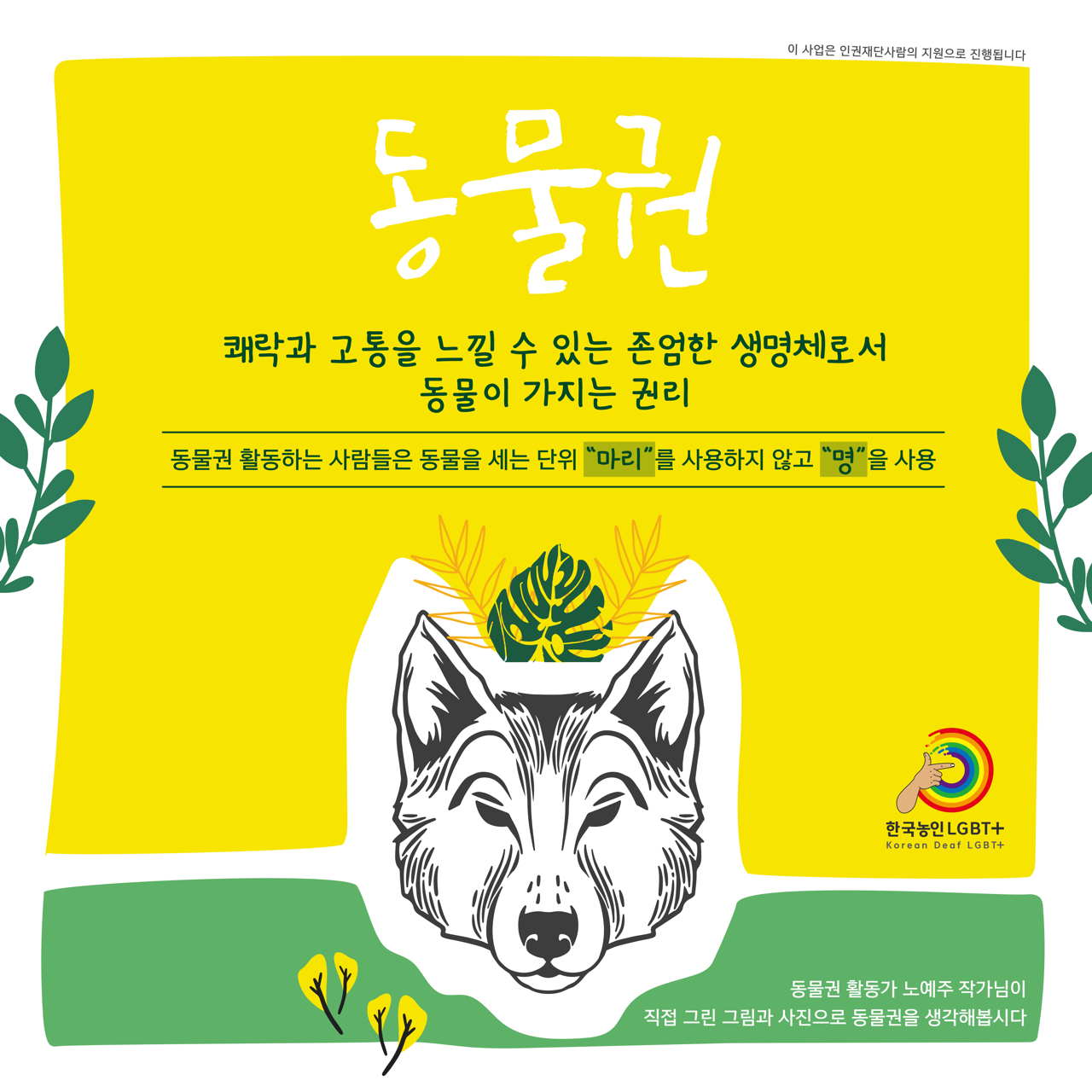 카드뉴스 설명 시작. 동물권, 쾌락과 고통을 느낄 수 있는 존엄한 생명체로서 동물이 가지는 권리. 동물권 활동하는 사람들은 동물을 세는 단위 마리를 사용하지 않고 명을 사용. 동물권 활동가 노예주 작가님이 직접 그린 그림과 사진으로 동물권을 생각해봅시다. 카드뉴스 일쪽 설명 끝.