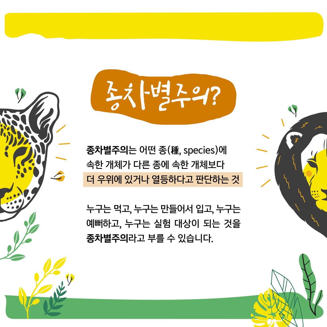 카드뉴스 칠쪽 설명 시작. 종차별주의? 종차별주의는 어떤 종에 속한 개체가 다른 종에 속한 개체보다 더 우위에 있거나 열등하다고 판단하는 것. 누구는 먹고, 누구는 만들어서 입고, 누구는 예뻐하고, 누구는 실험 대상이 되는 것을 종차별주의라고 부를 수 있습니다. 카드뉴스 칠쪽 설명 끝.