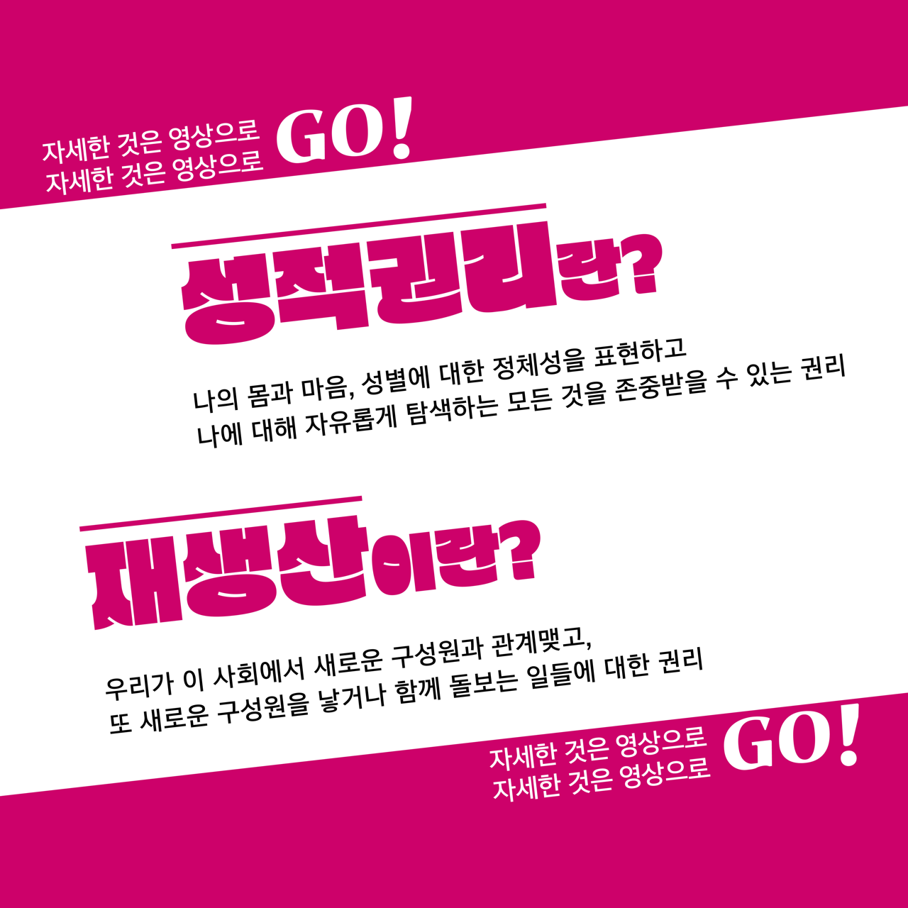 카드뉴스 육쪽 설명 시작. 성적 권리란? 나의 몸과 마음, 성별에 대한 정체성을 표현하고 나에 대해 자유롭게 탐색하는 모든 것을 존중받을 수 있는 권리. 재생산이란? 우리가 이사회에서 새로운 구성원과 관계맺고 또 새로운 구성원을 낳거나 함께 돌보는 일들에 대한 권리. 자세한 것은 영상으로 고. 카드뉴스 육쪽 설명 끝.